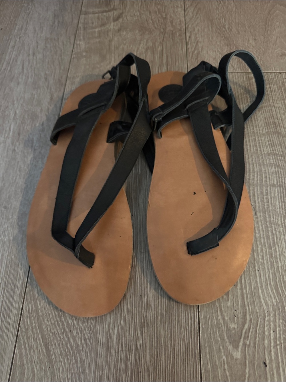 Max Studio Black Strappy Flat Sandals with Tan Footbed